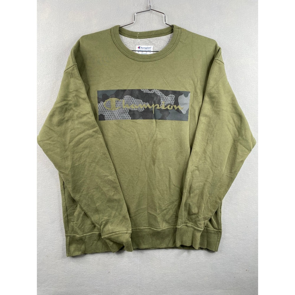 Champion Mens XL Olive Green Camo Graphic Logo Crewneck Sweatshirt Pullover